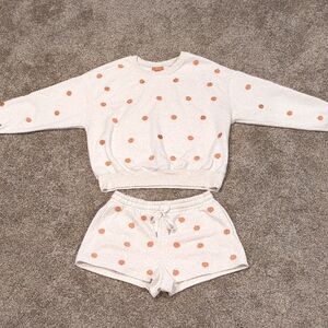 Since Forever Cream and Orange Embroidered Pumpkin Sweatshirt & Shorts Size L